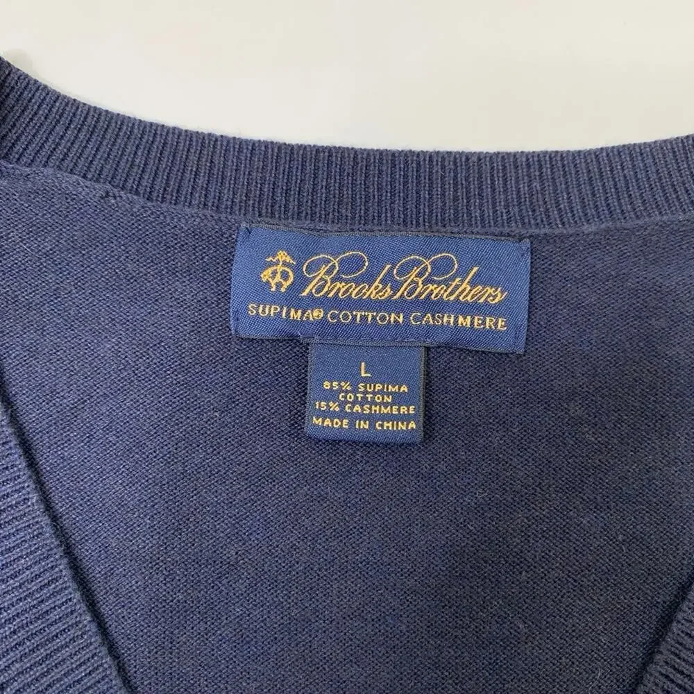 Brooks Brothers Sweater Vest Men L Large Navy Cotton Cashmere Blend V Neck Plaid